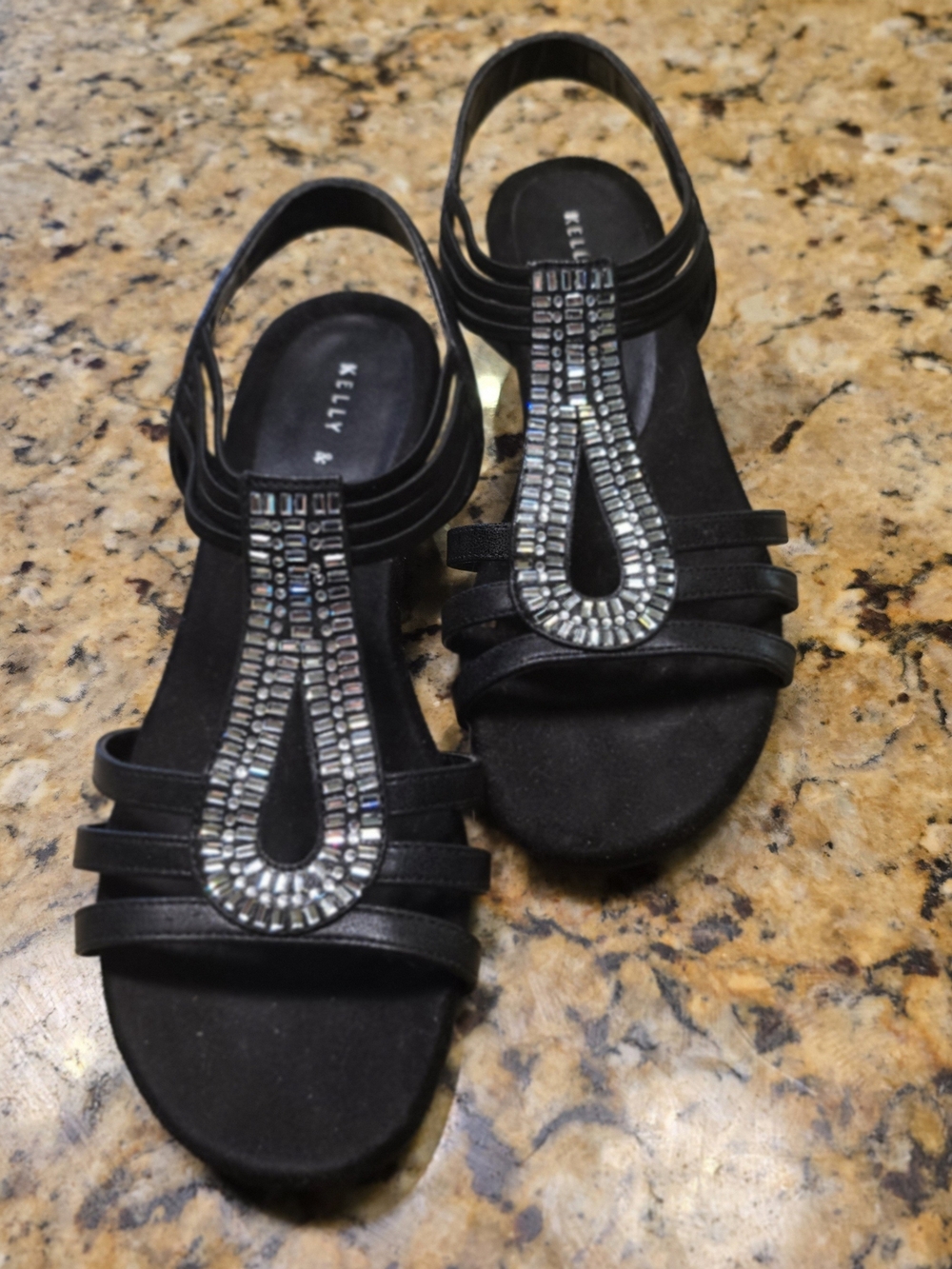 Kelly & Katie Black Jeweled T-Strap Slingback Sandals